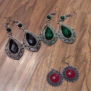Set of Three Earrings statement costume red black green